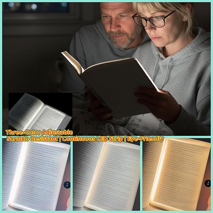 LED Flat Book Light for Reading in Bed, Eye-Caring Books Lights, 3 Color Temperatures & Stepless Dimmable, Portable Flat Panel Lamp Page, USB Rechargeable Night Light for Kids & Adults (White)