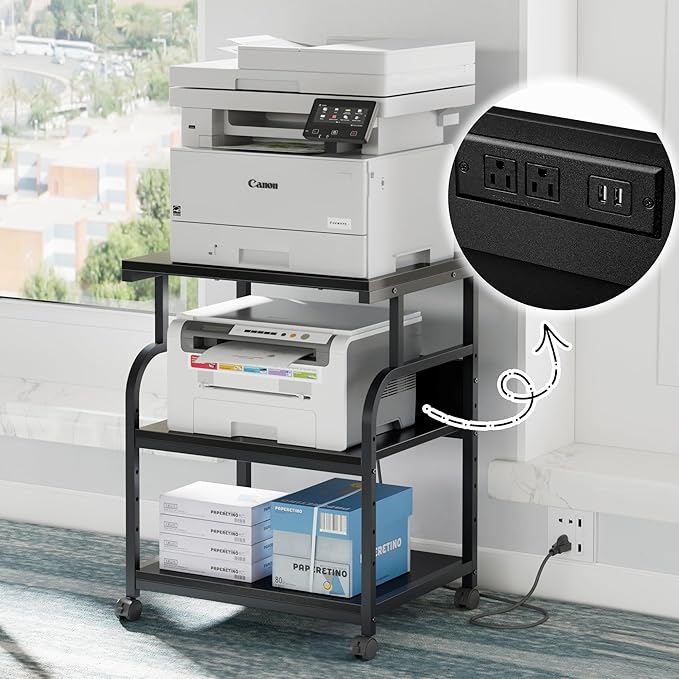 VECELO Adjustable Large Printer Stand with Power Outlet, 3-Tier Heavy Duty Cart on Lockable Wheels, Office Storage Table for Home Office, 3D Printer, Fax Machine, Scanner, Classic Black