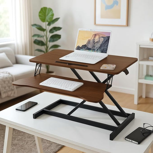 32 Inch Height Adjustable Stand Up Desk Riser, Heavy Duty Computer Workstation with Removable Keyboard Tray - Ergonomic Design for Home Office Workshop Gaming, Spacious Platform(Walnut)