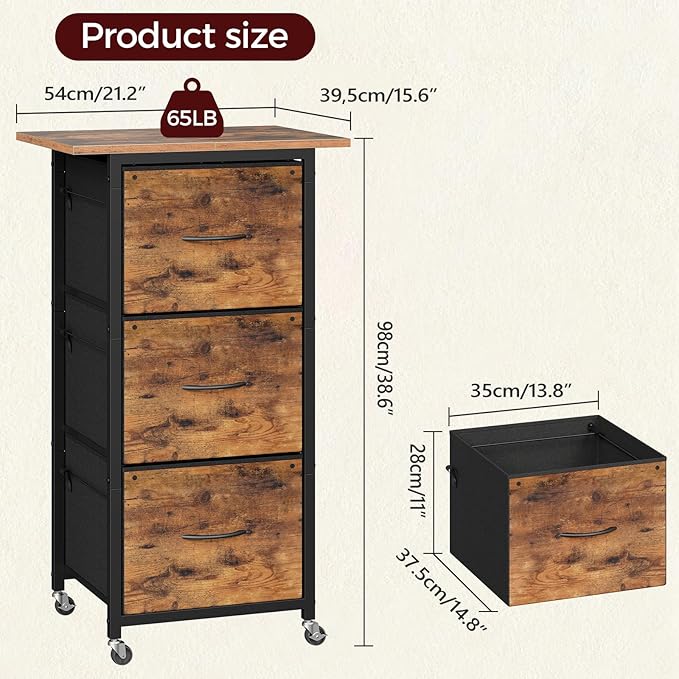 MAHANCRIS 3 Drawer File Cabinet, Vertical Filing Cabinet with Wheels, Printer Stand with Non-Woven Fabric Drawer, Adjustable Hanging Rods, fits A4/Letter Size, for Home Office, Rustic Brown FCHR5901