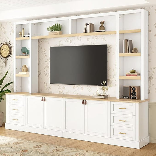 102.3"W Farmhouse 4-Piece Entertainment Center Wall Unit with Adjustable Shelves, Modern Large TV Stand with Bookshelves for TVs Up to 75", Rustic Media Console with 6 Drawers for Living Room, White