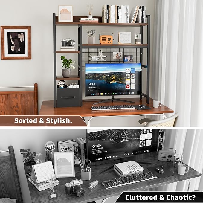 Desk Hutch for Computer Monitor,Desktop Bookshelf Organizer,4 Tier Desk Hutch with Grid Panel,38.6" Desk Shelf Storage Rack for Home Office,Study,Dorm,Black