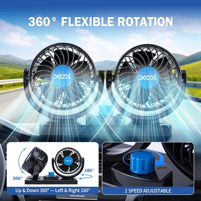 XOOL USB Car Cooling Fans, 2 Speeds Dual Head Car Fan, 360° Rotatable, 5V/2A Powerful Car Fans that Blow Cold Air, Portable Car Fans for Vehicles, SUV, RV, Boat (USB Plug)