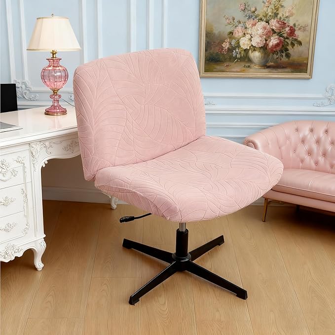Criss Cross Desk Chair Cover Pink Jacquard Leaf Stretch Armless Vanity Chair Slipcover 1 Piece Water-Resistant Washable