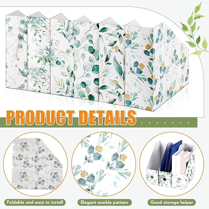 PerKoop 12 Pcs Decorative Magazine File Holders Floral Foldable File Folders Magazine Storage Boxes Rack Desk Organizer Documents with Printable Labels for School Office Home (Eucalyptus Leaves)