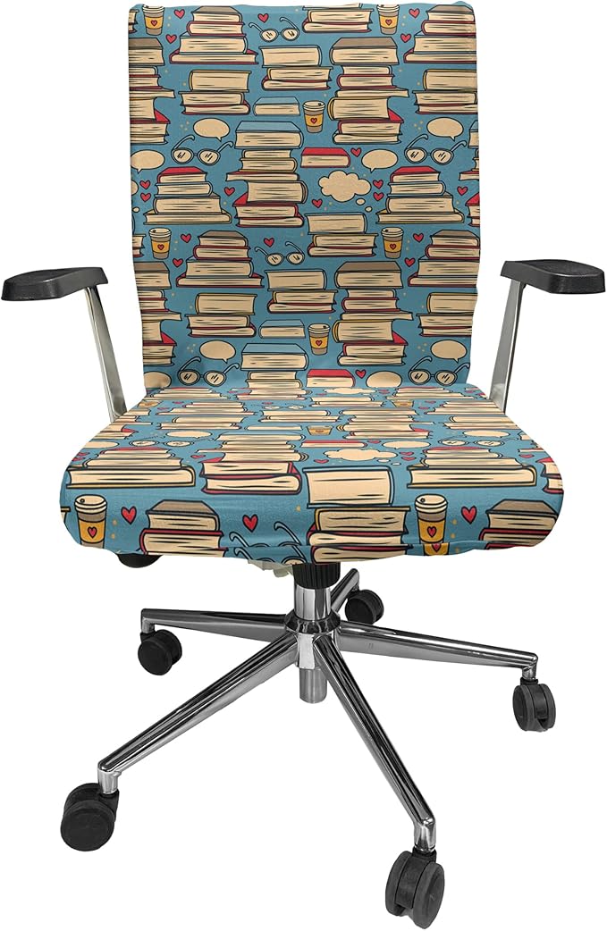 Ambesonne Geek Office Chair Cover, Repeating Pattern with Stack of Books Combined Hearts Coffee and Nerd Glasses, Stretchable Decorative Universal Size High Back Printed Slipcover, Multicolor Cream