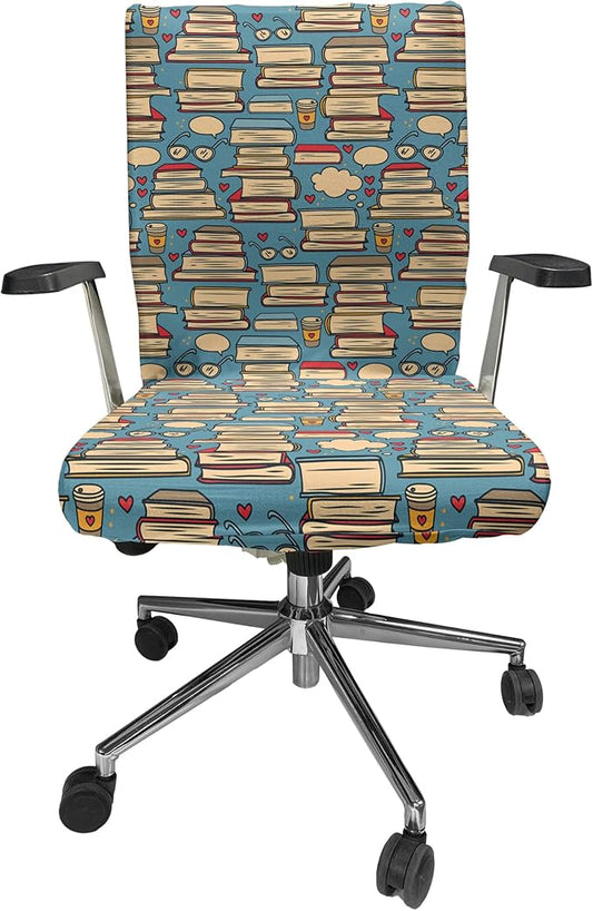 Ambesonne Geek Office Chair Cover, Repeating Pattern with Stack of Books Combined Hearts Coffee and Nerd Glasses, Stretchable Decorative Universal Size High Back Printed Slipcover, Multicolor Cream
