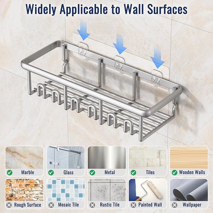 8 Pack Adhesive Rustproof Shower Shelves with Soap Dishes, Toothbrush Holder & Hooks, Large Capacity No-Drilling Shower Shelves Rack for Bathroom Organizers and Storage Accessories, Silver