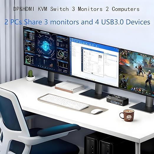 8K KVM Switch 3 Monitors 2 Computers 8K@60Hz 4K@144Hz,3 Monitors KVM Switch for 2 Computers Sharing Triple Monitors,Keyboard,Mouse,Printer with 2*USB3.0 Cables,Power Adapter and Controller