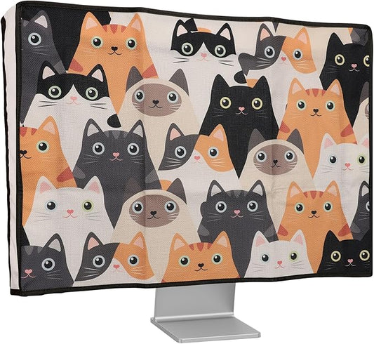 kwmobile Dust Cover for 24-26" Monitor - Linen Monitor Protector with Design - Cats Orange/Black/White