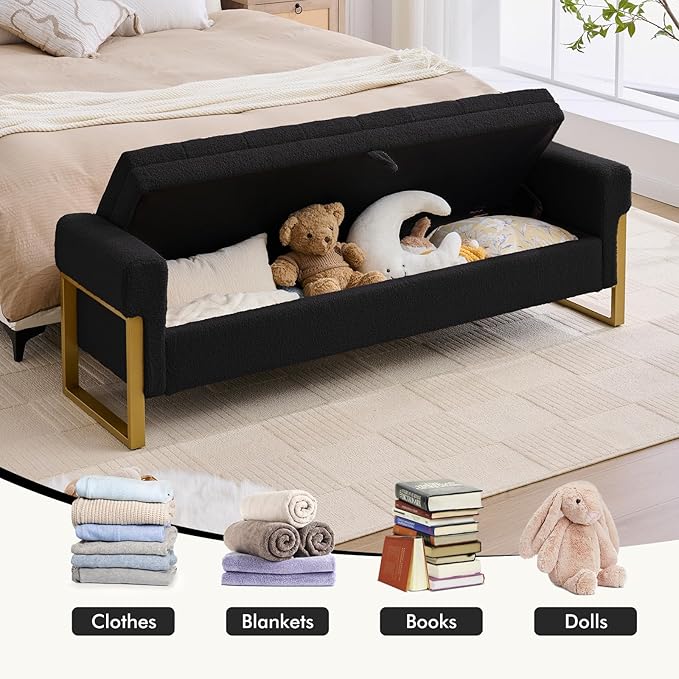 67" End of Bed Storage Bench King Size, Bench for Bedroom Foot of Bed, Upholstered Teddy Storage Ottoman with Gold Legs for Window Living Room, Teddy Black