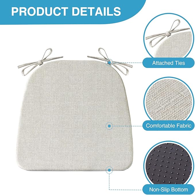 IASEAHK Chair Cushions for Dining Chairs Set of 6, Non Slip Kitchen Chair Pads, 17" x 16" x 2", Indoor Dining Chair Cushions with Ties, D-Shaped Seat Cushions for Kitchen Chairs, Beige