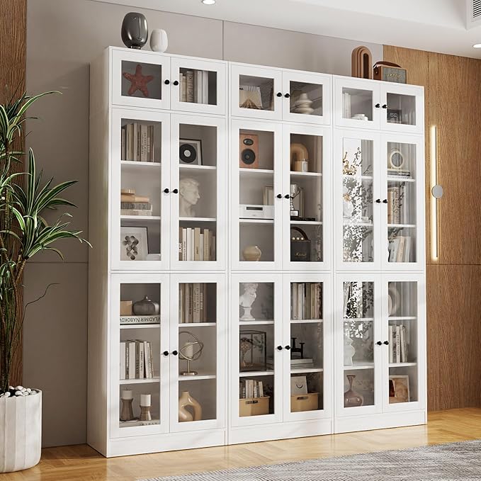 VOWNER 85.5“ H Bookcase with Doors, Wooden Bookshelves and Bookcases for Home Office, Pantry Cabinet with Doors and Shelves, 7-Tier Laundry Room Cabinets, Storage Cabinets for Dining Room (White)