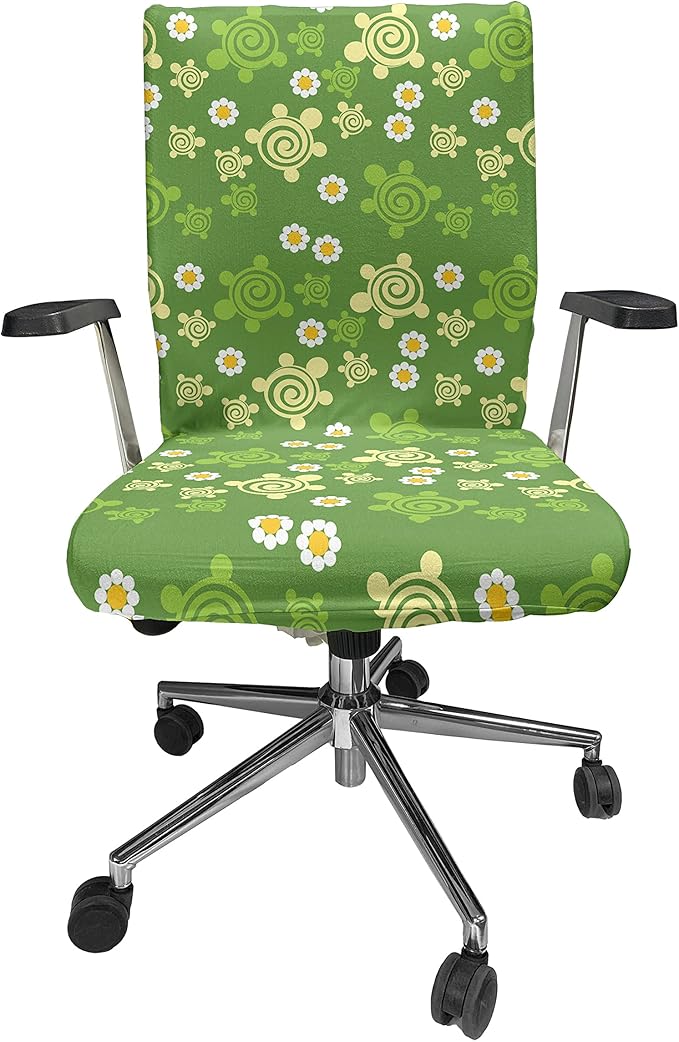 Ambesonne Turtle Office Chair Cover, Spring Revival Inspiration Chamomile Illustration and Vortex Flower Design, Stretchable Decorative Universal Size High Back Printed Slipcover, Yellow Green