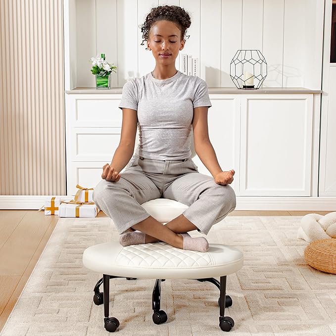 AtHope Ergonomic Cross Legged Office Chair with Wheels - Adjustable Height for Meditation, ADHD Desk & Yoga - Wide Criss Cross Design with Lumbar Support, Kneeling Chair - White