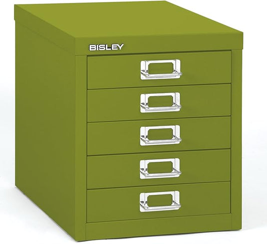 5-Drawer Steel MultiDrawer Cabinet - Bisley Green, Chrome Pull Handles with Label Holders, Powder-Coated Steel, Removable Drawers, Desktop Storage, Labels Included by Bisley