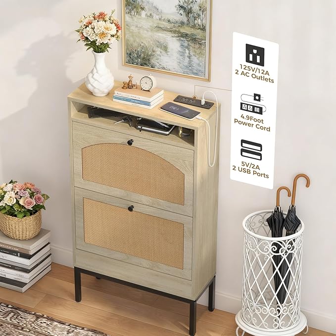 LUCKLIFE Shoe Cabinet with Charging Station, Flip Down Shoe Storage Organizer with Adjustable Shelves, Hidden Slim Shoe Rack with Anti-Tip Kit for Entryway or Hallway (Oak Rattan)