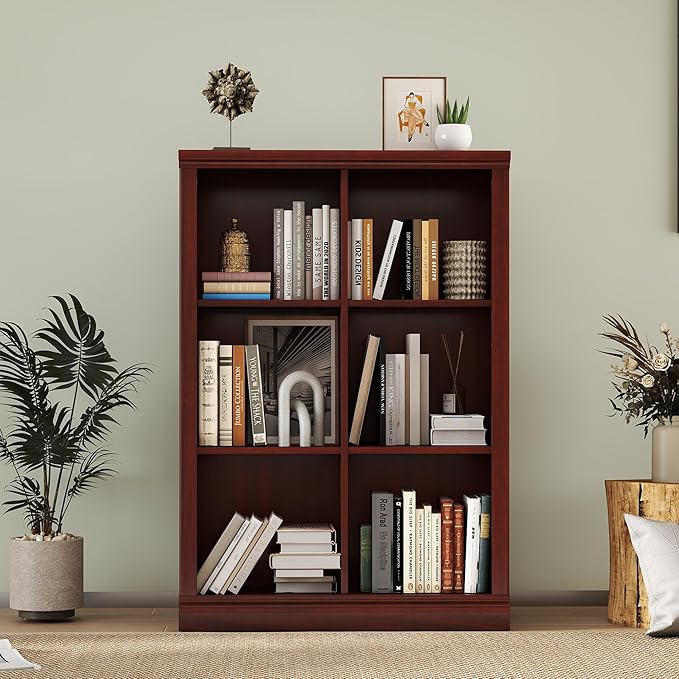 Bevfint 6 Cube Storage Organizer - 3 Tiers 6 Storage Cube Adjustable Space Book Case, Display Cabinet Organizer with Bookcase, 30 inch Width Horizontal Bookshelf for Home Library Office, Mahogany