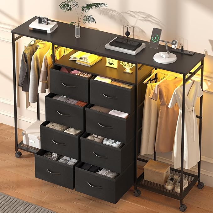 59.1" W Dresser for Bedroom with Hanging Rack, 8 Drawer Dresser with LED Lights & Charging Station, Fabric Dressers with Portable Wheels,Metal Frame, Wooden Top (Black)