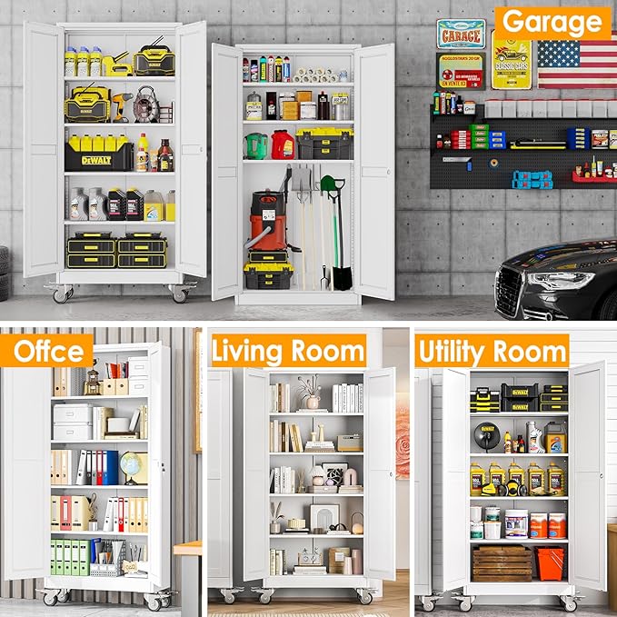 PAOFIN 71''H Tall Metal Garage Storage Cabinet with Wheels,Steel File Cabinets with 2 Doors and 4 Adjustable Shelves for Home Office, Warehouse, Required Assembly,White