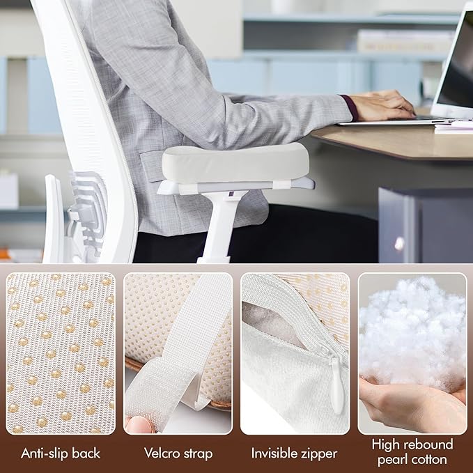 WdFour 2-Pack Non-Slip Armrest Pads for Office & Gaming Chairs - Ergonomic Forearm Support Pillow for Desk, Computer & Wheelchair, Pressure Relief Cushions (Ivory)