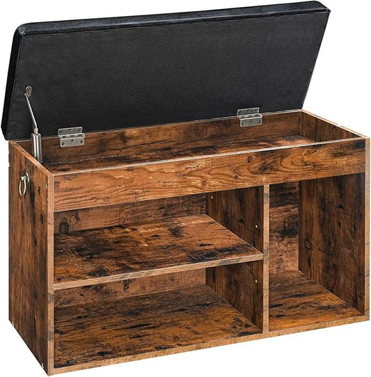 HOOBRO Shoe Storage Bench with Cushion, 32.3'' Entryway Bench with Lift Top Hidden Storage and Adjustable Shelves, Wooden Shoe Rack Bench for Entryway Bedroom, Rustic Brown and Black BF40HX01