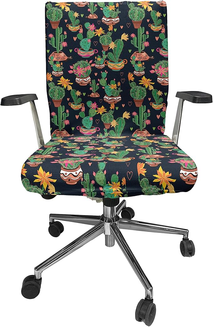 Ambesonne Cactus Print Office Chair Cover, Colorful Layout of Different Shapes of Cacti with Flowers, Stretchable Decorative Universal Size High Back Printed Slipcover, Black Grey