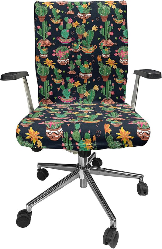 Ambesonne Cactus Print Office Chair Cover, Colorful Layout of Different Shapes of Cacti with Flowers, Stretchable Decorative Universal Size High Back Printed Slipcover, Black Grey