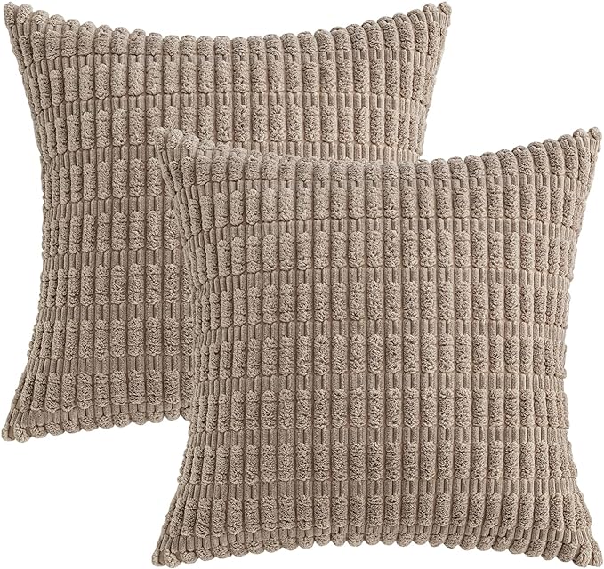 MIULEE Pack of 2 Corduroy Decorative Throw Pillow Covers 20x20 Inch Soft Boho Striped Pillow Covers Modern Farmhouse Home Decor for Sofa Living Room Couch Bed Light Brown