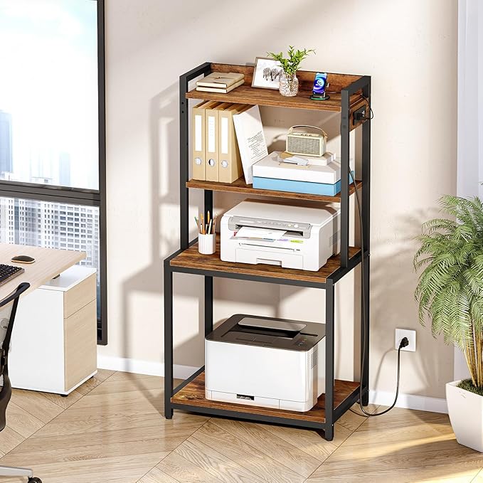 HOOBRO Printer Stand with Charging Station, 4-Tier Printer Table with Storage, Large Tall Printer Shelf, for Home Office, Kitchen, Living Room, Black and Rustic Brown BF13UPS01