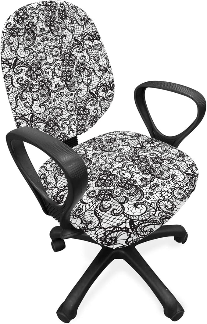 Ambesonne Gothic Office Chair Slipcover, Classical Bridal Composition Vintage Spring Motifs Victorian Wedding Inspirations, Protective Stretch Decorative Fabric Cover, Standard Size, White Black