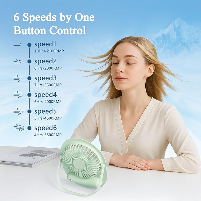 Jancane USB Desk Fan,3 IN 1 Rechargeable Small Portable Fan,180° Folding 6 Speeds Strong Wind Mini Personal Desktop Fan, Table Fans for Office/Bedroom, Gifts for Women/Men/girls (Green)