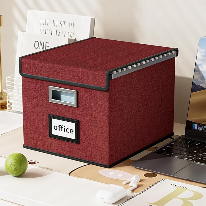 File Organizer Box with Lid, Collapsible File Folder Organizer for Office Document Storage, Filing Box with Plastic Slide for Letter Size Hanging File Folders(1 Pack, Dark Red)