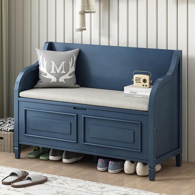 SOFTSEA 41.9" Storage Bench with Back, Entryway Shoe Bench with Cushion & Lift Top Storage, Rustic Shoe Storage Cabinet with Cushioned Seat for Entryway, Bedroom, Living Room (Antique Navy)