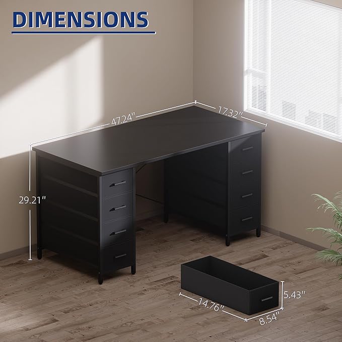 Pamray 47 Inch Computer Desk with 8 Fabric Drawers PC Gaming Desk Home Office Study Work Writing Table for Bedroom Marble