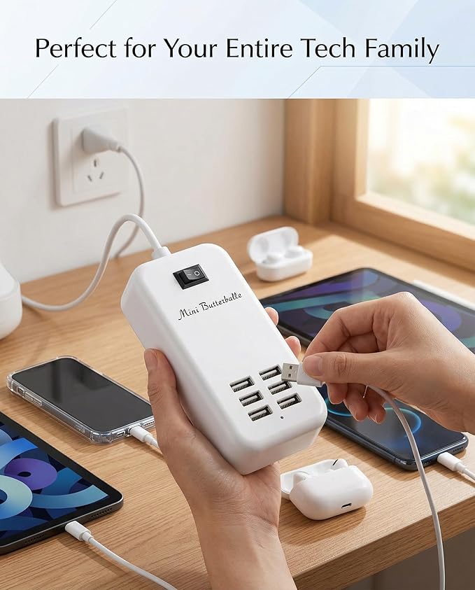 6 Port USB Charging Station, Multi Device USB Charger Hub with ON/Off Power Switch, 5ft Long Cord, Universal Fast Charging Adapter for Cell Phones, Tablets, 5V DC Electronic Devices