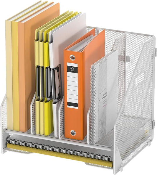 Docnest Desk File Holder Sorter, 4 Vertical Compartments Rack with Letter Tray, Mesh Magazine File Holder with Handle,Workspace Organizers,Desk Organizers for Paper, Mail, Documents-White