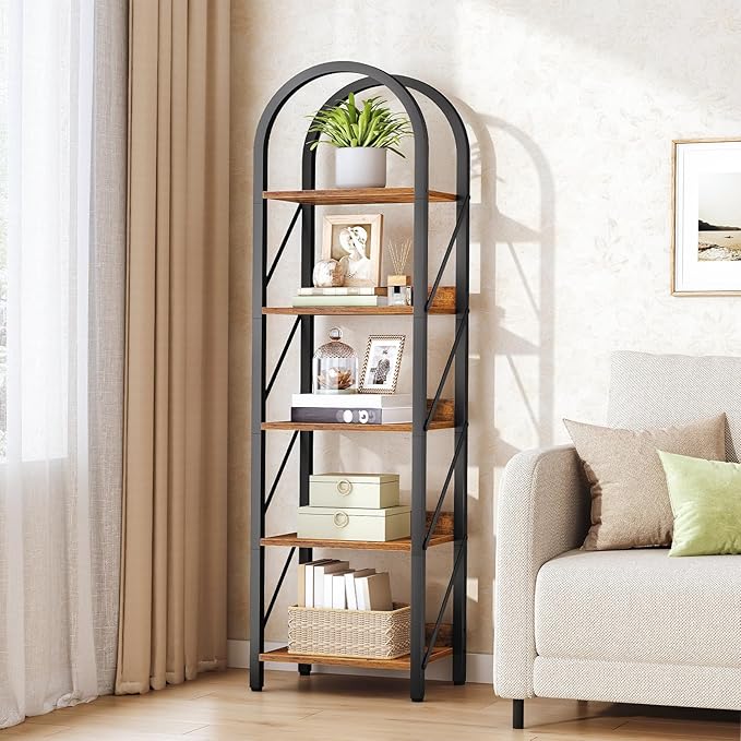 HOOBRO Bookshelf, 5-Tier Arched Bookshelf, Industrial Bookcase with Metal Frame, Tall Book Shelf Storage Organizer for Living Room, Office, Bedroom, Rustic Brown and Black BF425SJ01