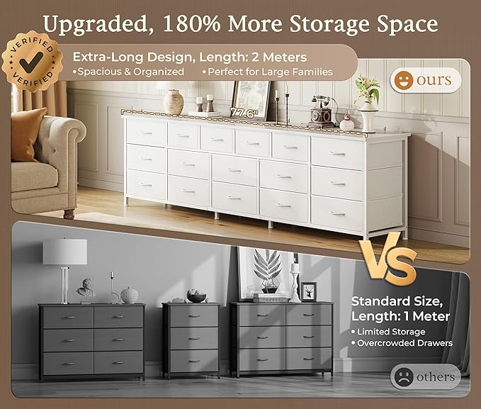 Huuger 77.6" Long Dresser for Bedroom, 16 Drawer Fabric Dresser for Closet, Wide Chest of Drawers with Storage, TV Stand for 65, 75, 85 Inch TV, 77.6" W x 12.9" D x 26.7" H, White