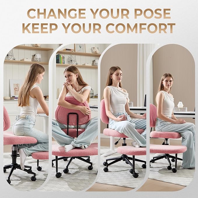 Criss Cross Chair Armless Office Chair for Cross Legged Sitting, 300lb Heavy Duty Ergonomic Desk Chair for ADHD, Adjustable Meditation Yoga Kneeling Chair with Brake Wheels for Home Office (Pink)