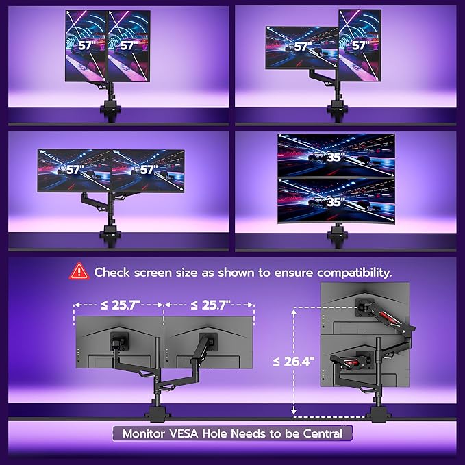 ARES WING Premium Monitor Arm, Ultrawide Monitor Stand up to 57'' and 60 Lbs per Screen, Heavy Duty Gas Sprinq Dual Monitor Mount Adjustable Arms with USB, Various VESA Mount with Clamp/Grommet Base