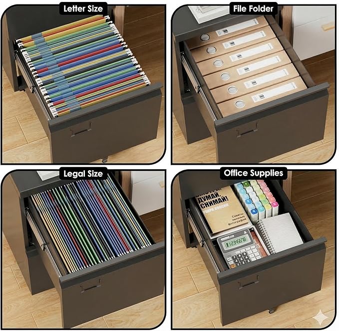Aobabo Rolling File Cabinet with Lock,2 Drawer Metal Filing Cabinet for Home Office & Under Desk, Heavy-Duty Mobile Storage with 5 Wheels (Anti-Tilt), Fits Letter/Legal, Black,Required Assembly