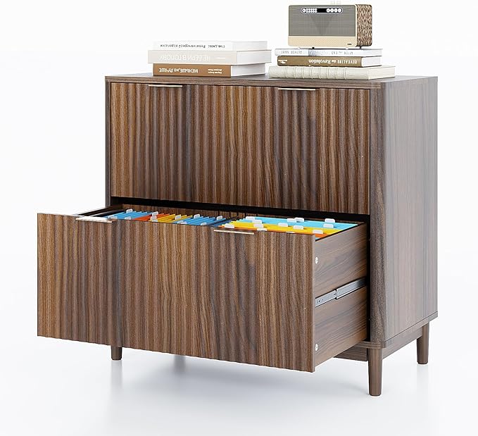 VINGLI 2 Drawer File Cabinet, Home Office Filing Organizer, for Letter Legal A4 Size File Folder Storage, Modern Style Fluted Design, Wood Lateral Filing Cabinet, Printer Stand, Dark Walnut