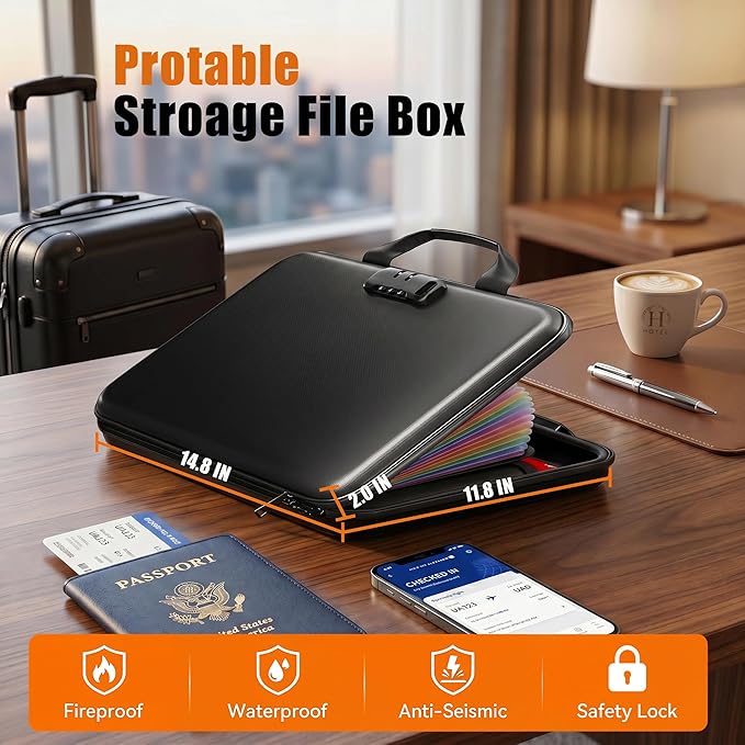 Fireproof Document Organizer with Lock, Rigid EVA File Box with 13-Pocket Accordion Folder for Important Documents & Tablets under 11", Lightweight Safe Storage for Home, Office & Travel (Small Size)