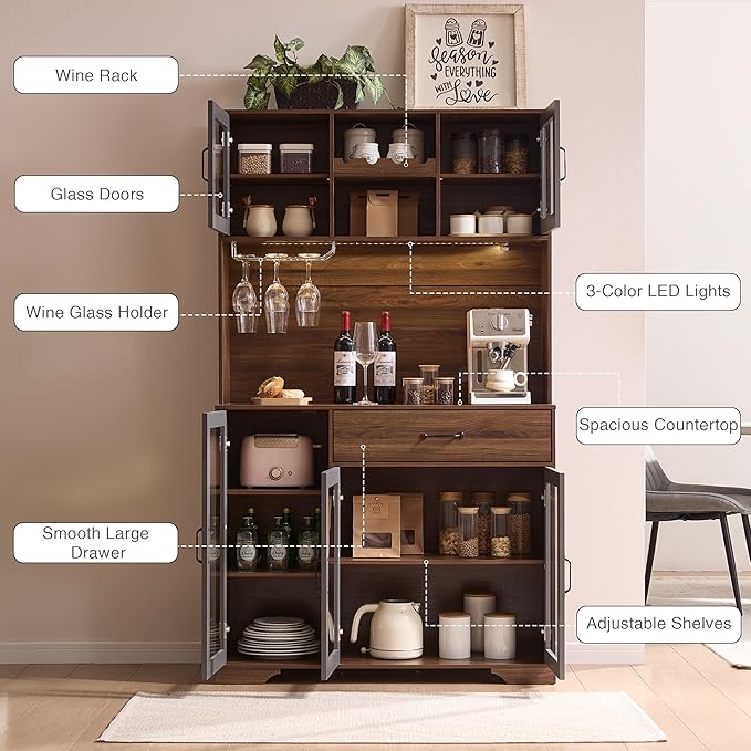 Fatmok 71" Pantry Cabinet with Wine Rack and Charging Station, Set of 2 Tall Coffee Bar Cabinets with LED Lights, Drawer, Adjustable Shelves, Kitchen Hutch Storage, Rustic Brown