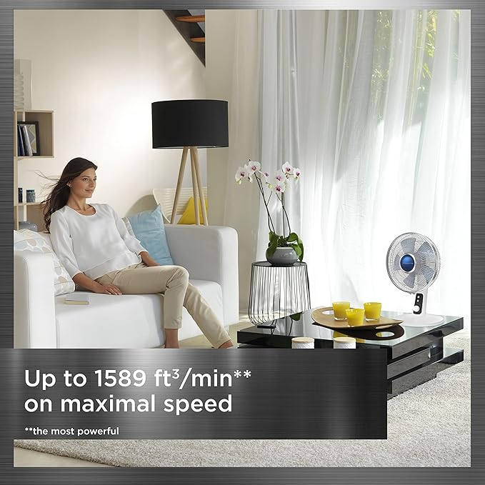 Rowenta, Desk Fan, Turbo Silence Table Fan, 12 Inches, Ultra Quiet Fan for Bedroom, Oscillating, Portable, 4 Speeds, Manual Turn Dial, White, Indoor, VU2730