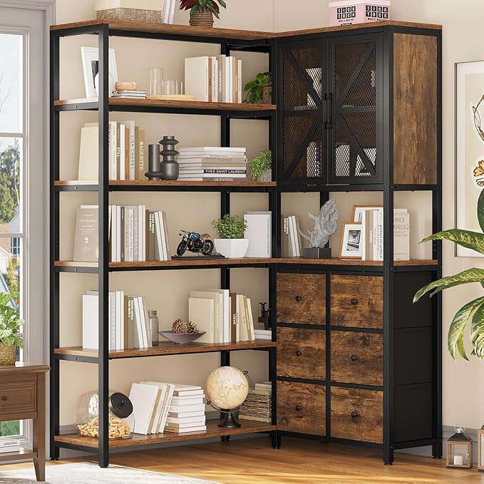 HAUOMS Corner Bookshelf, 6 Tier Industrial Convertible Bookshelf with 6 Fabric Drawers, Corner Bookcase Large L Shaped Storage Display Shelf for Home Office, Living Room, Kitchen, Rustic Brown