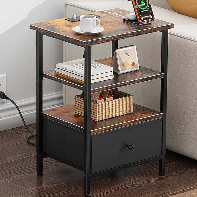 Side Table with Charging Station, Nightstand with Adjustable Fabric Drawer, Bedside Table for Bedrooms, Living Rooms & Home Decor (Brown Black)