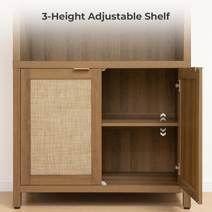 SICOTAS Book Shelf Arched Cabinet Bookshelf Arch 84.2" Tall Bookcase 5 Tier Large Bookshelves with Doors Storage Rattan Boho Wide Book Shelves Case for Living Room Kitchen Office Bedroom Library