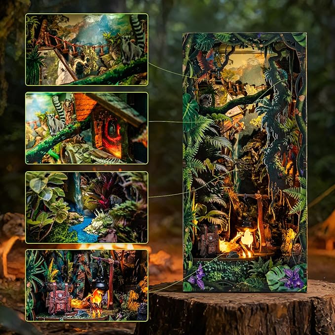 fifijoy Jungle Adventure Book Nook Kit - DIY Miniature Dollhouse Booknook for Adults, 3D Wooden Puzzle Bookend Bookshelf Decor with LED Light and Sound Effects, Creative Gift for Family, Friends